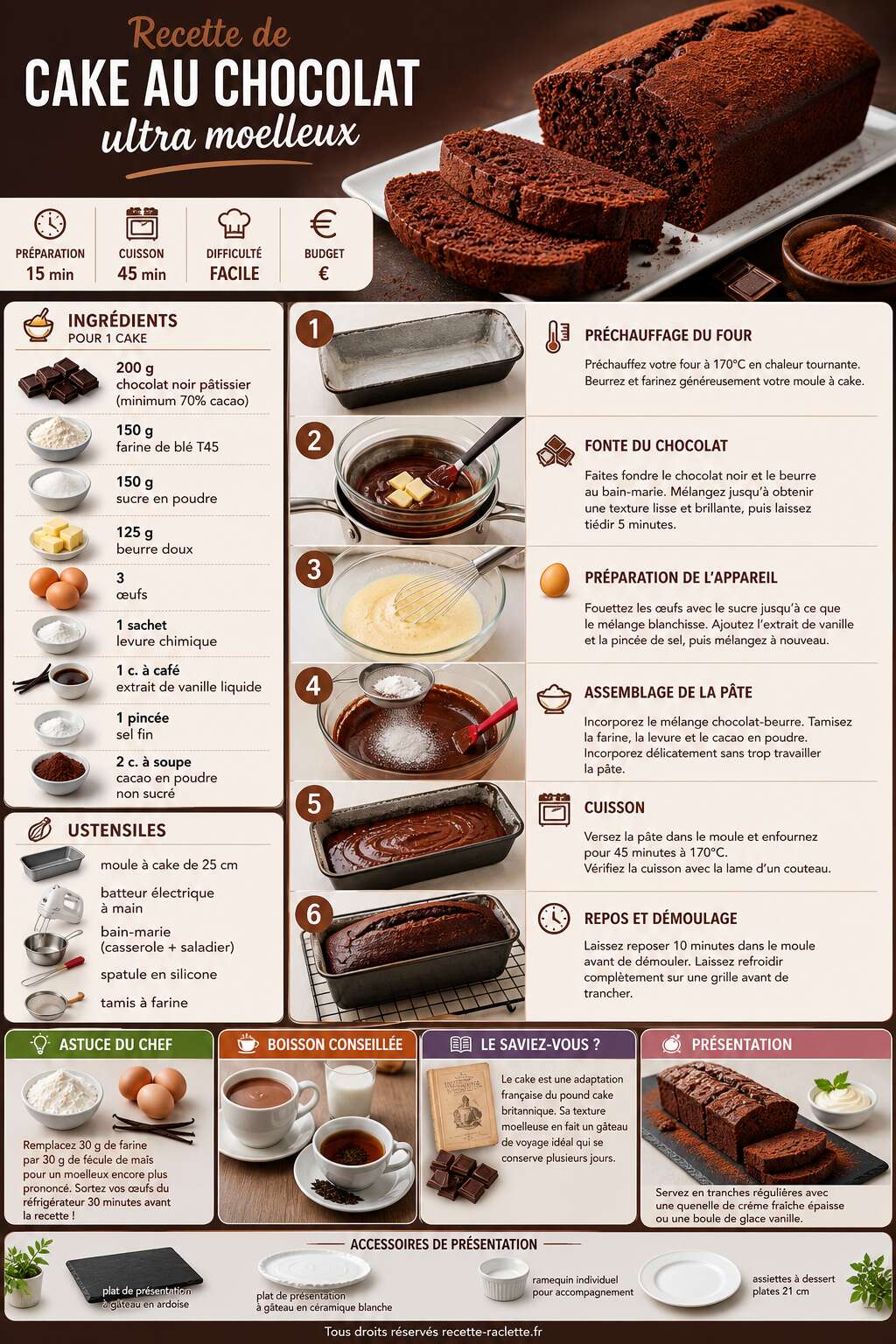 Fiche recette Recette de cake au chocolat ultra moelleux Fiche recette Recette de cake au chocolat ultra moelleux