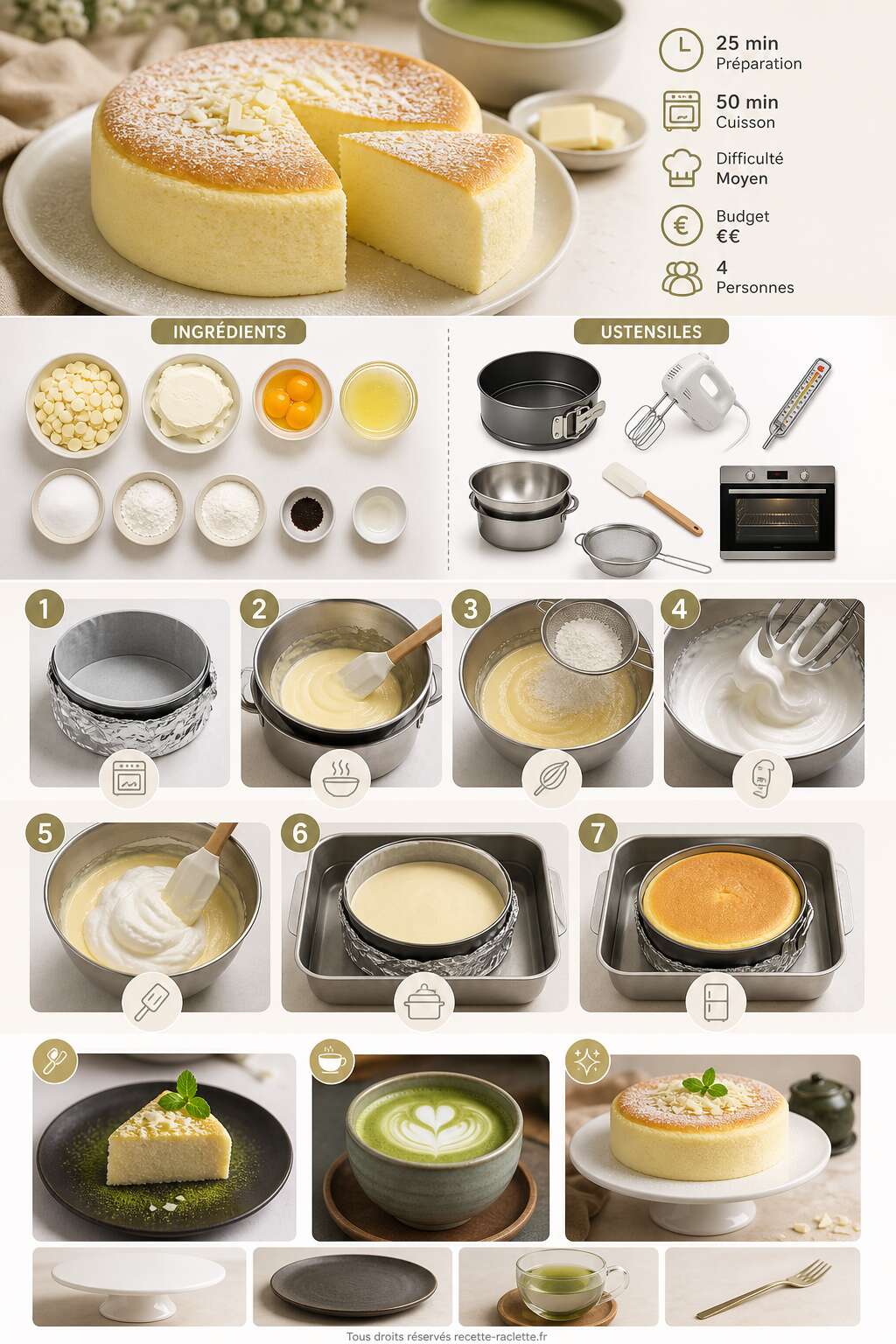 Fiche recette Cheesecake japonais au chocolat blanc : recette facile et aérée Fiche recette Cheesecake japonais au chocolat blanc : recette facile et aérée