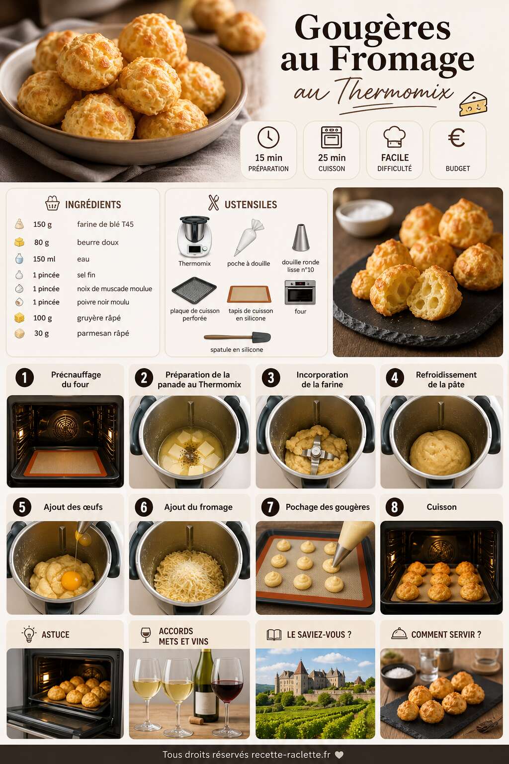 Fiche recette Recette : gougères au Fromage au Thermomix Fiche recette Recette : gougères au Fromage au Thermomix