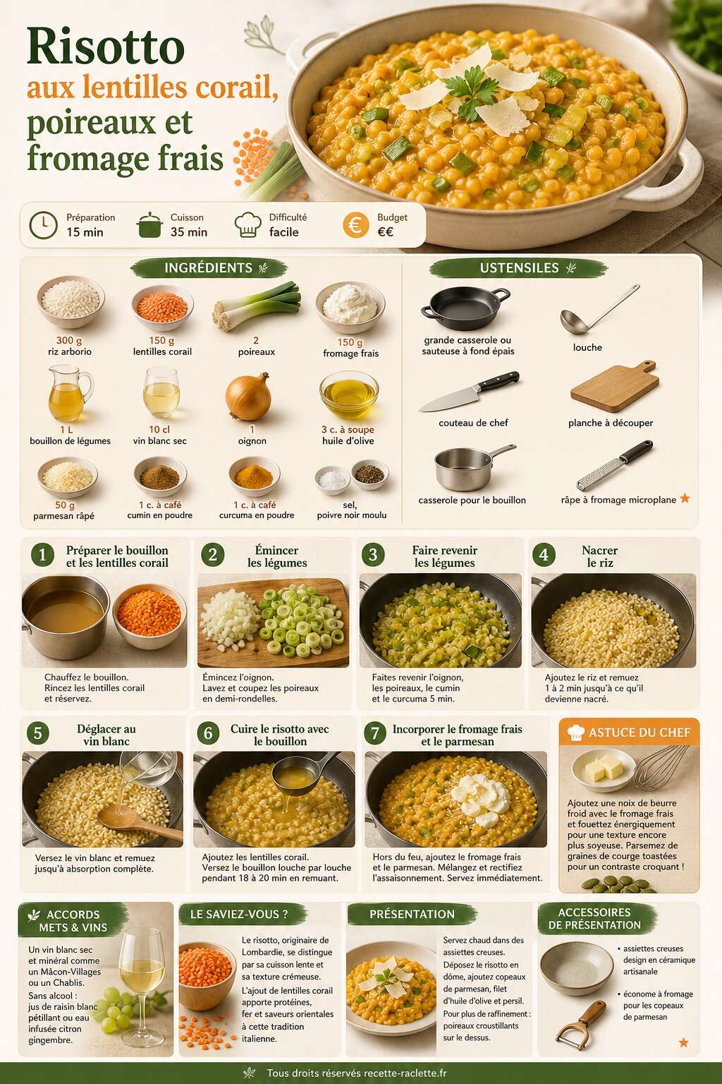 Fiche recette Risotto aux lentilles corail, poireaux et fromage frais