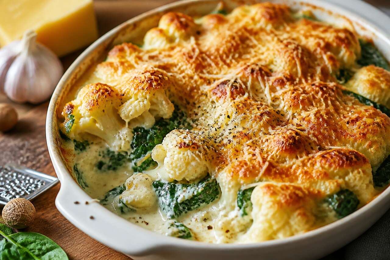 Gratin de chou-fleur et épinards au cheddar râpé : recette savoureuse