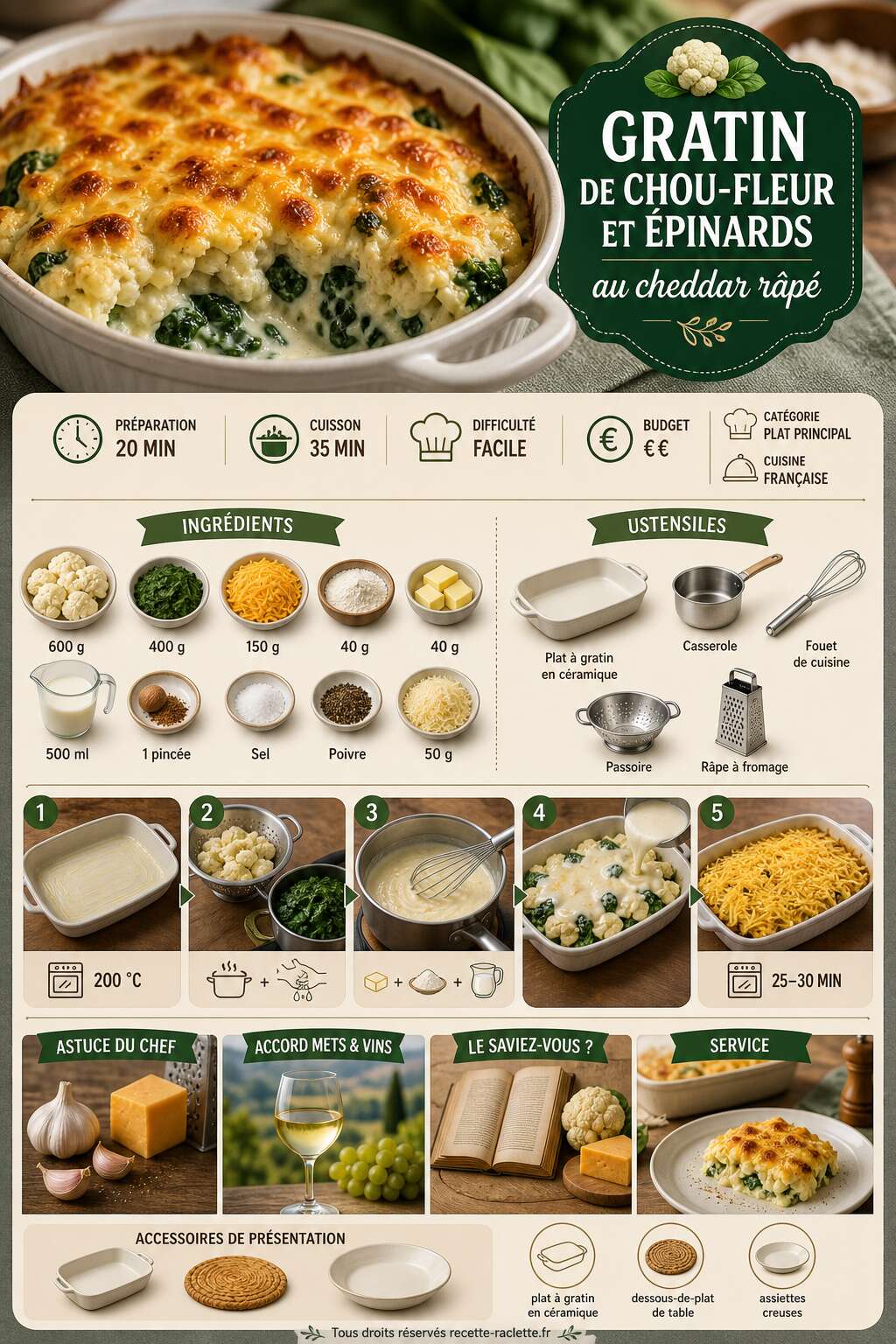 Fiche recette Gratin de chou-fleur et épinards au cheddar râpé : recette savoureuse Fiche recette Gratin de chou-fleur et épinards au cheddar râpé : recette savoureuse