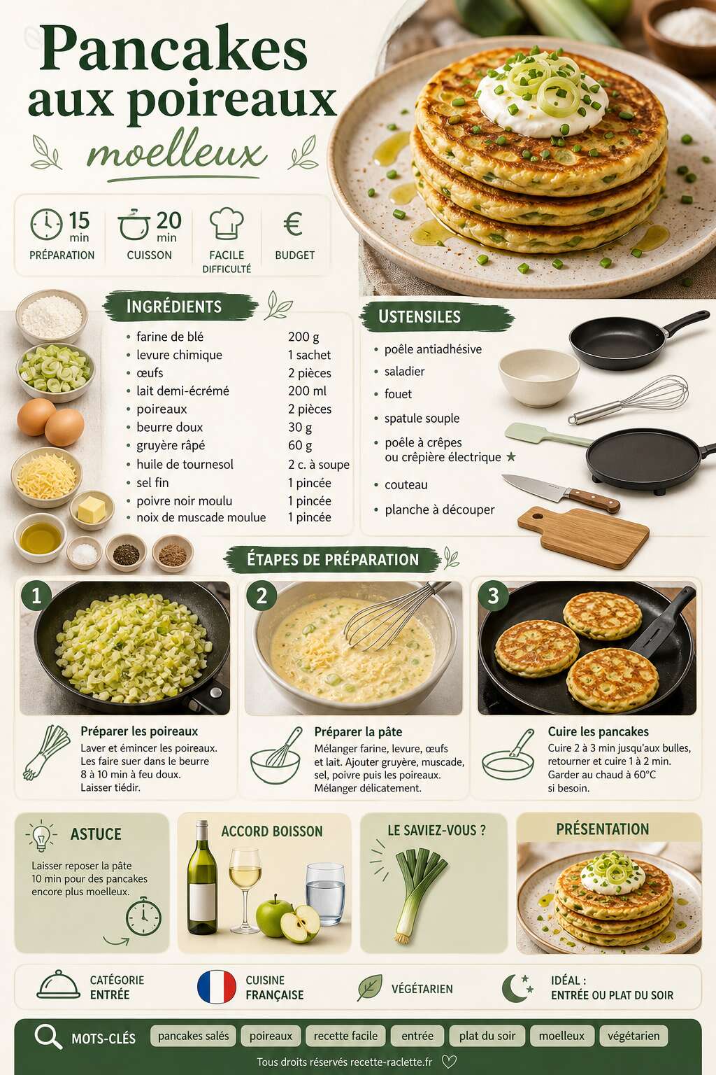 Fiche recette Recette pancakes aux poireaux moelleux Fiche recette Recette pancakes aux poireaux moelleux