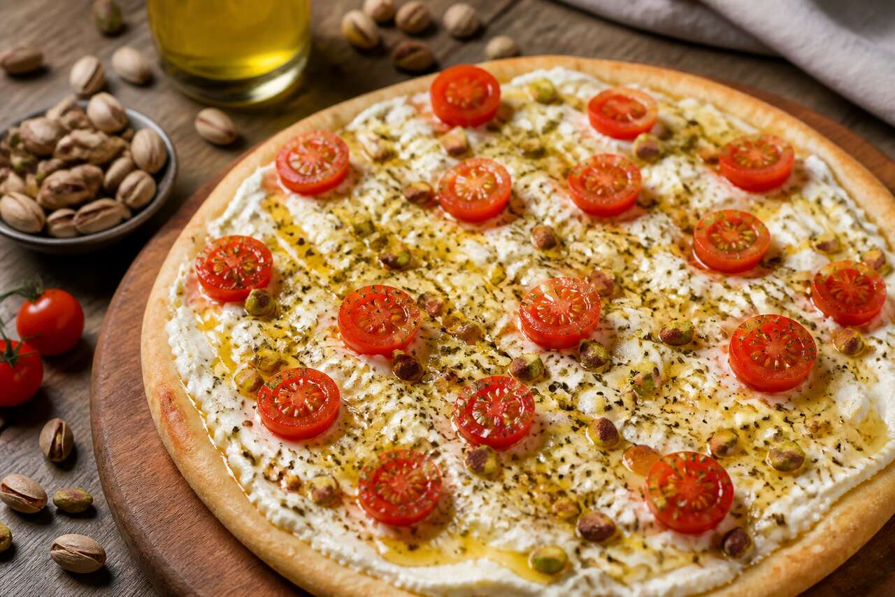 Recette de pizzas express : fromage frais, tomates et pistache