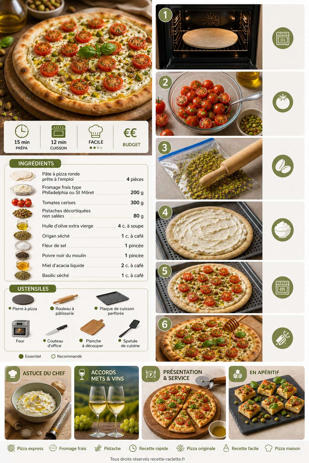 Fiche recette Recette de pizzas express : fromage frais, tomates et pistache Fiche recette Recette de pizzas express : fromage frais, tomates et pistache