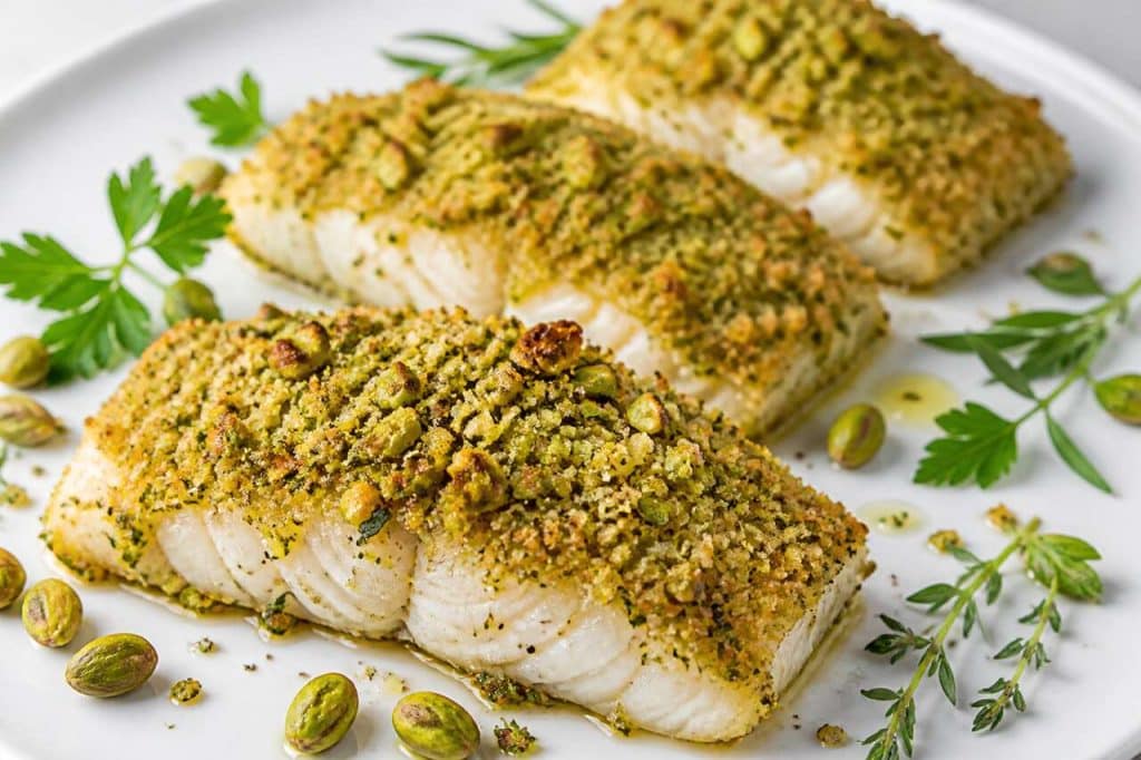 Colin d'alaska en croûte d'herbes et pistaches : recette délicieuse