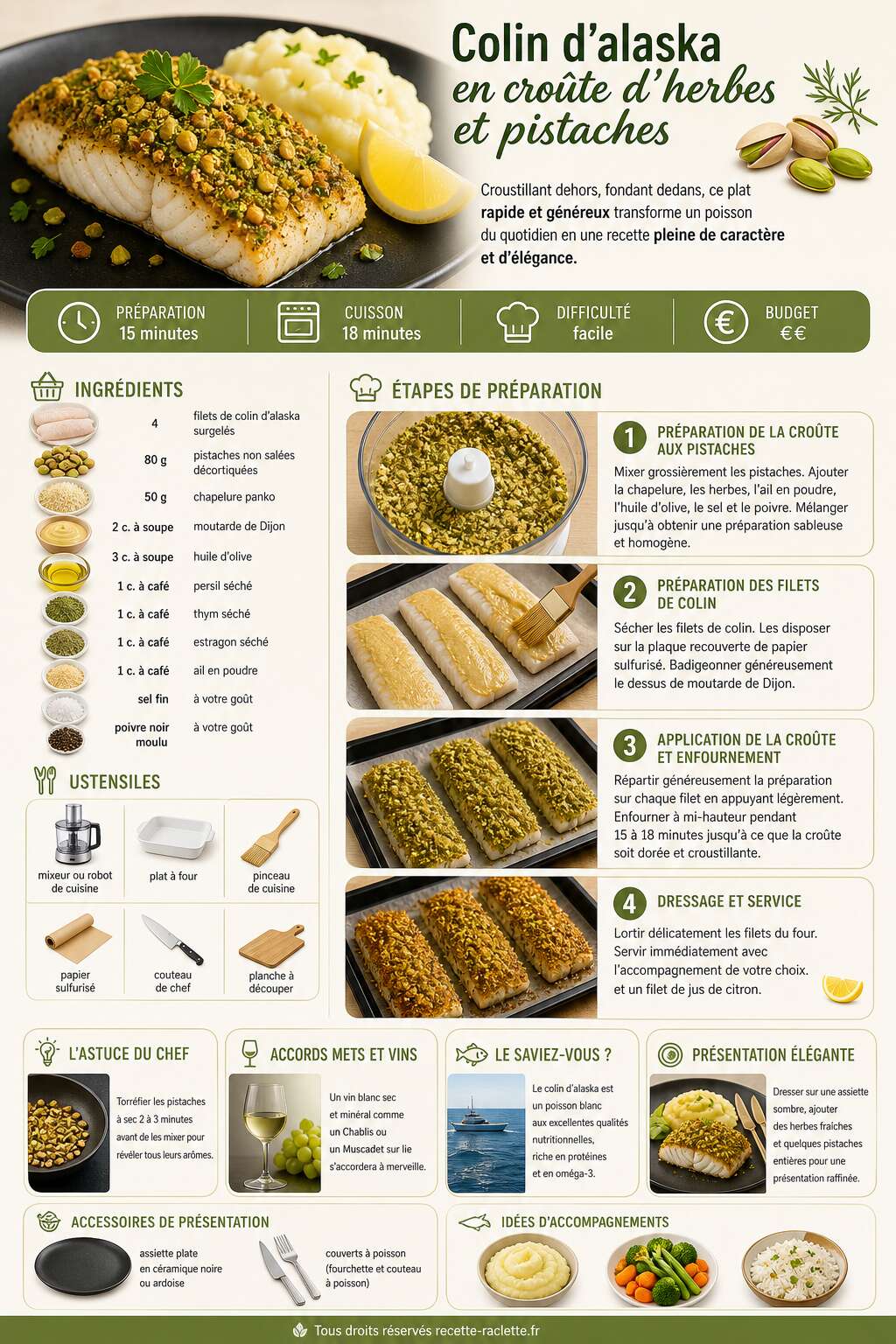 Fiche recette Colin d'alaska en croûte d'herbes et pistaches : recette délicieuse Fiche recette Colin d'alaska en croûte d'herbes et pistaches : recette délicieuse