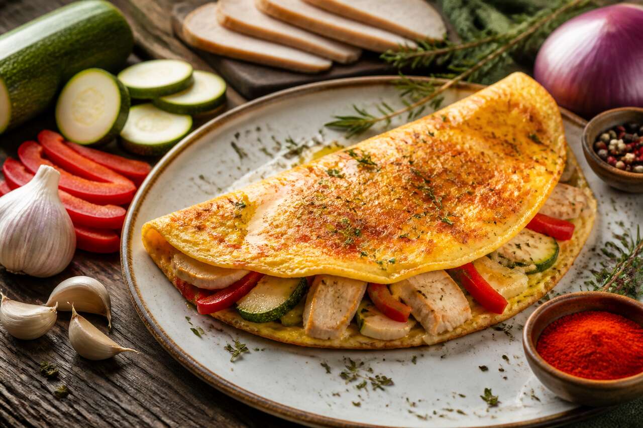 Omelette fourrée à la dinde et légumes : recette savoureuse