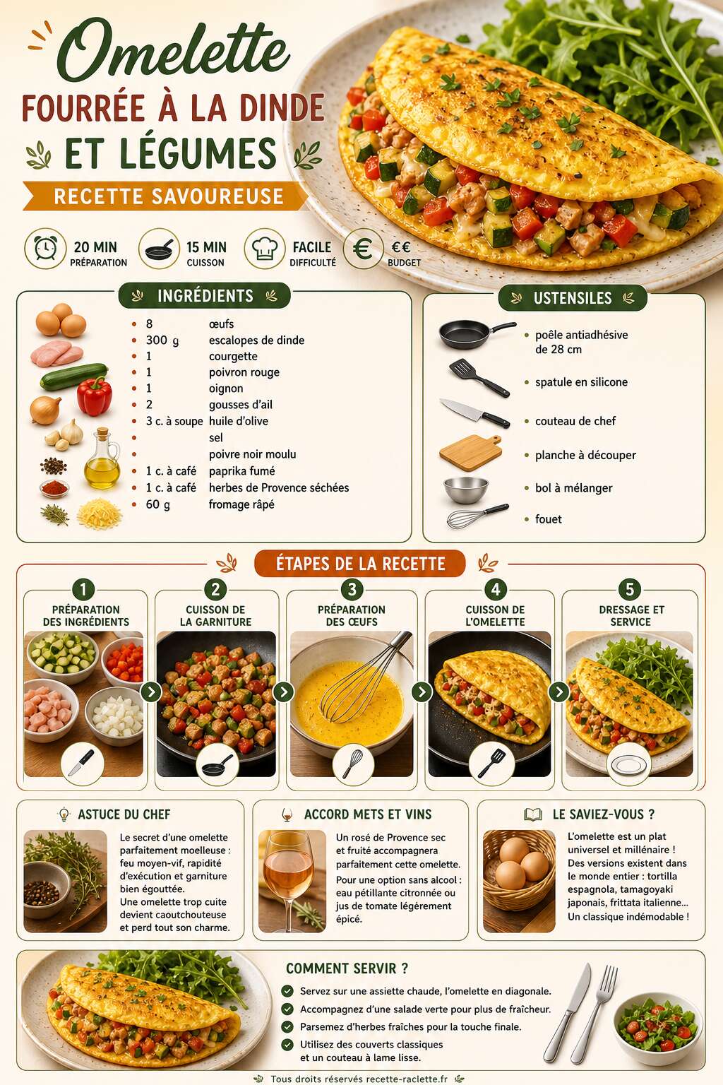 Fiche recette Omelette fourrée à la dinde et légumes : recette savoureuse Fiche recette Omelette fourrée à la dinde et légumes : recette savoureuse