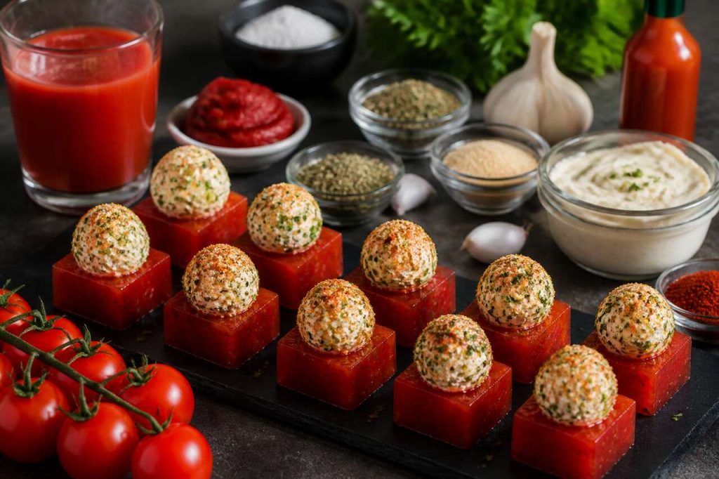 Gelée de tomate et bouchées fromagères ail et fines herbes : recette délicieuse