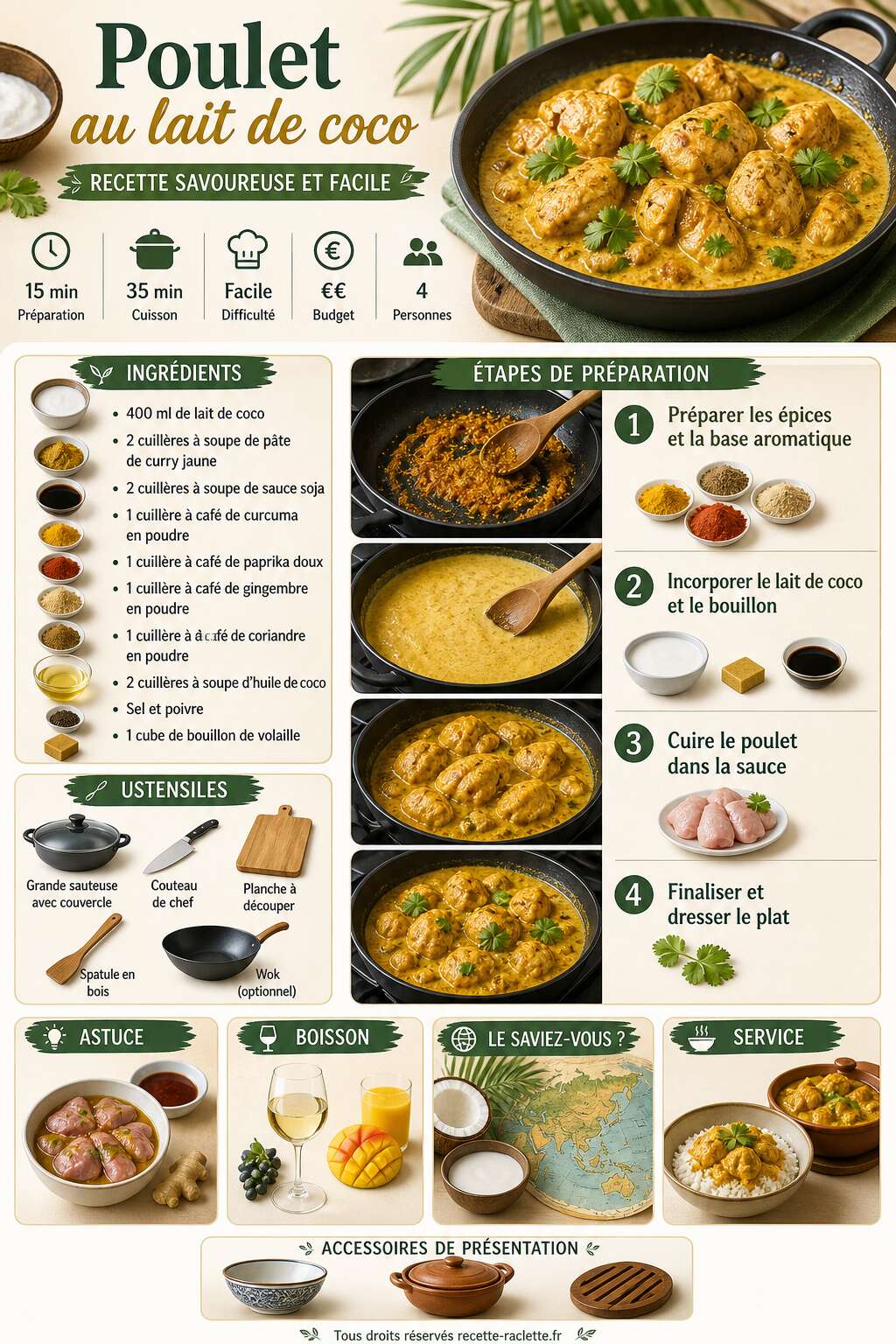 Fiche recette Poulet au lait de coco : recette savoureuse et facile Fiche recette Poulet au lait de coco : recette savoureuse et facile