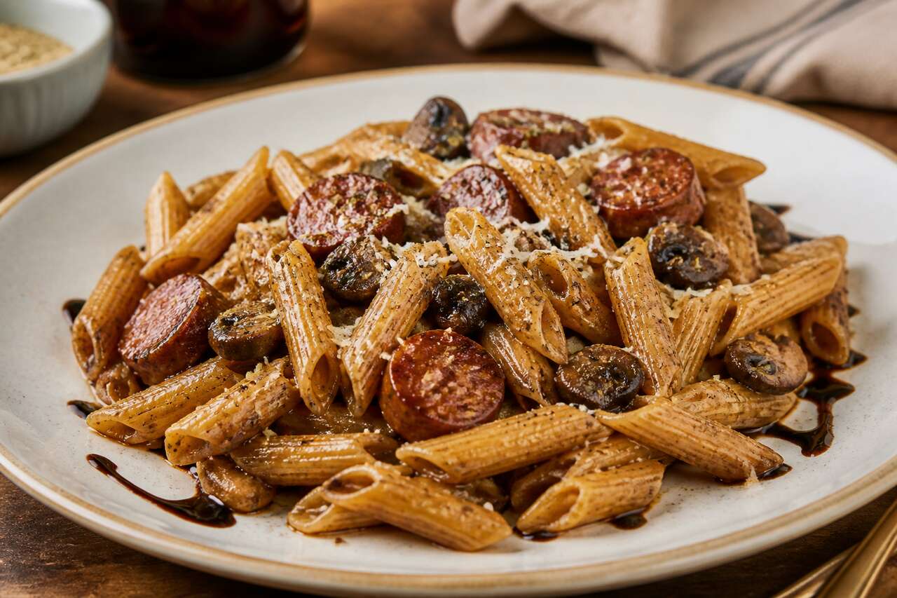 Pâtes à la saucisse fumée et champignons balsamiques