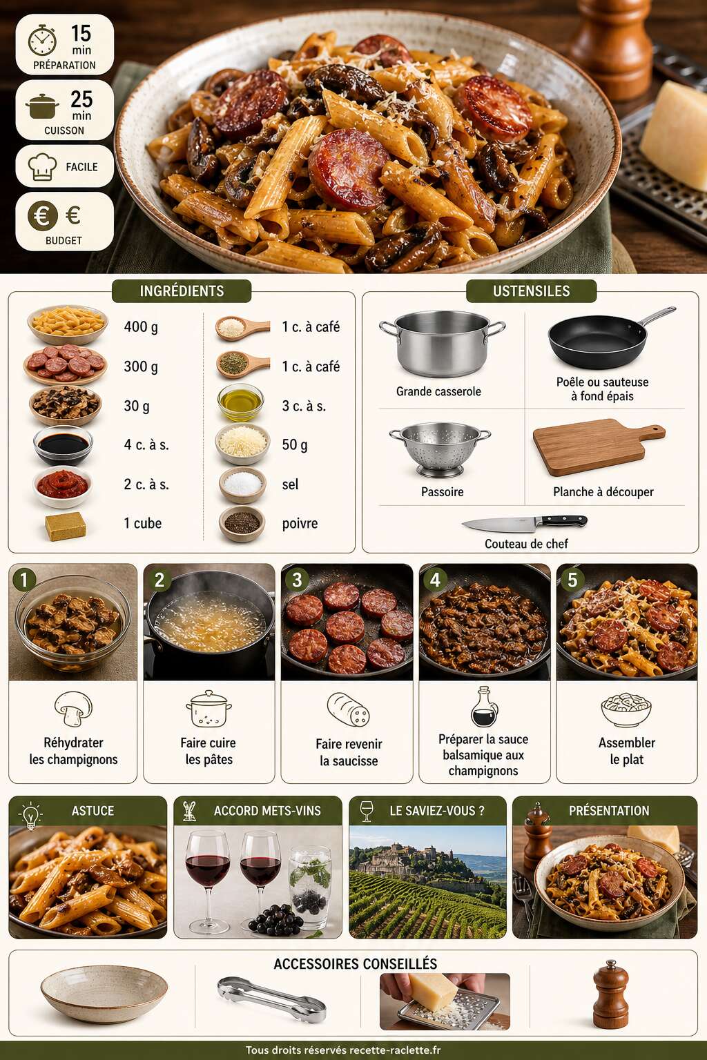 Fiche recette Pâtes à la saucisse fumée et champignons balsamiques Fiche recette Pâtes à la saucisse fumée et champignons balsamiques