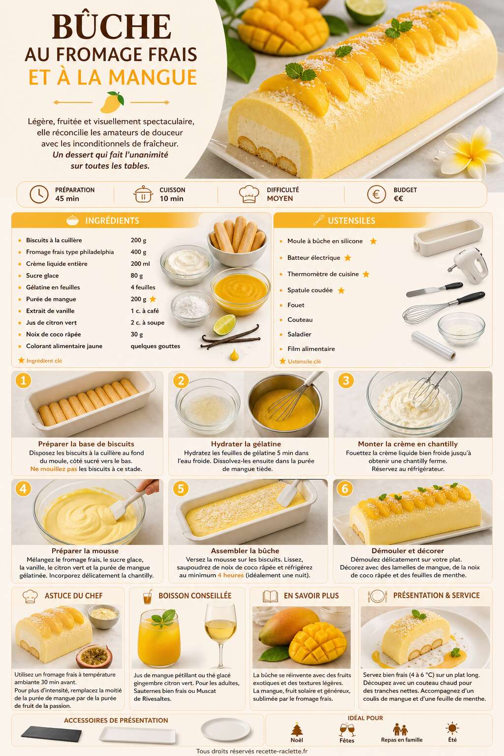 Fiche recette Bûche au fromage frais et à la mangue : recette gourmande et exquise Fiche recette Bûche au fromage frais et à la mangue : recette gourmande et exquise