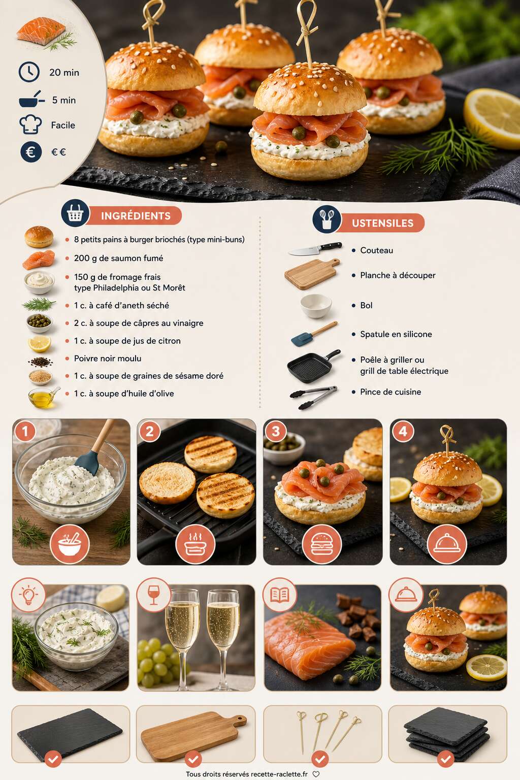 Fiche recette Mini-burger au saumon fum&eacute; et fromage frais : recette gourmande