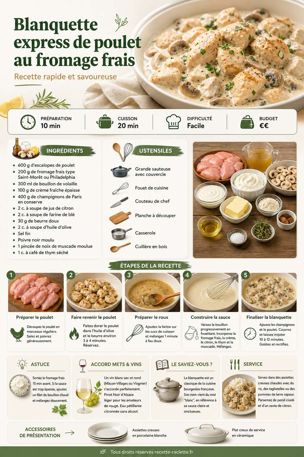 Fiche recette Blanquette express de poulet au fromage frais : recette rapide et savoureuse