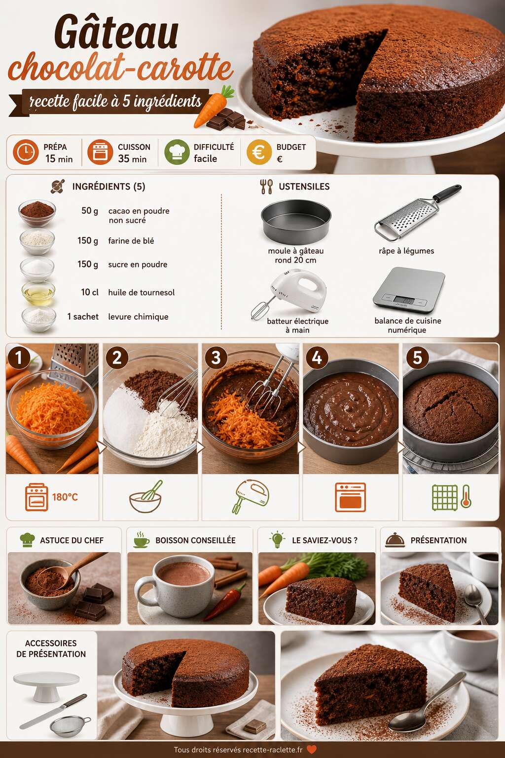 Fiche recette Gâteau chocolat-carotte : recette facile à 5 ingrédients Fiche recette Gâteau chocolat-carotte : recette facile à 5 ingrédients