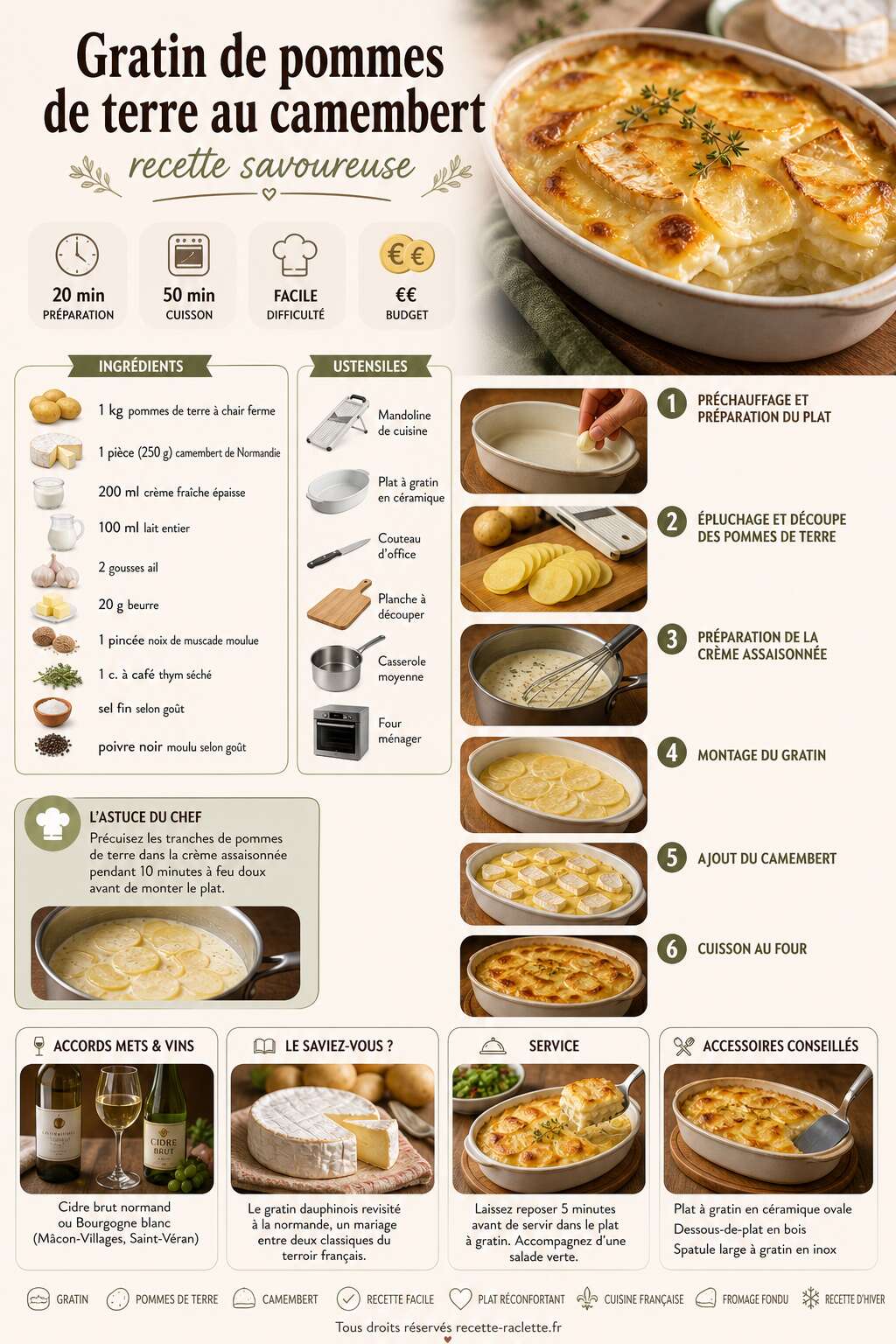 Fiche recette Gratin de pommes de terre au camembert : recette savoureuse Fiche recette Gratin de pommes de terre au camembert : recette savoureuse