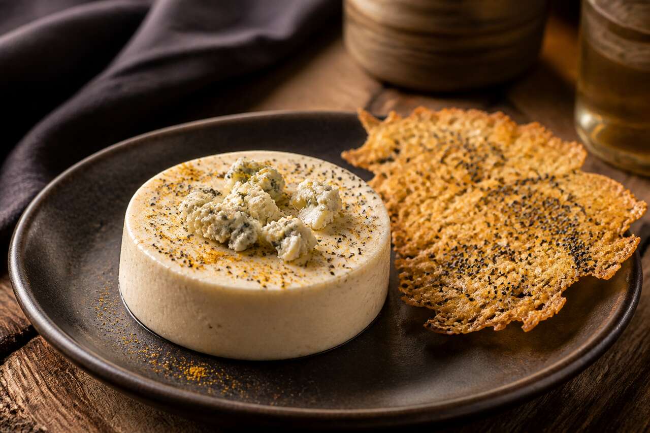 Crèmeux de bleu au curry et croustillant au pavot : recette gourmande