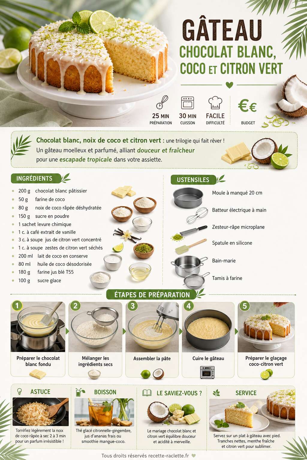 Fiche recette Gâteau chocolat blanc, coco et citron vert : recette délicieuse Fiche recette Gâteau chocolat blanc, coco et citron vert : recette délicieuse