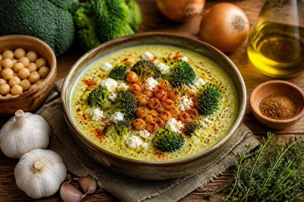 Velouté brocolis pois chiches au fromage de chèvre : recette crémeuse