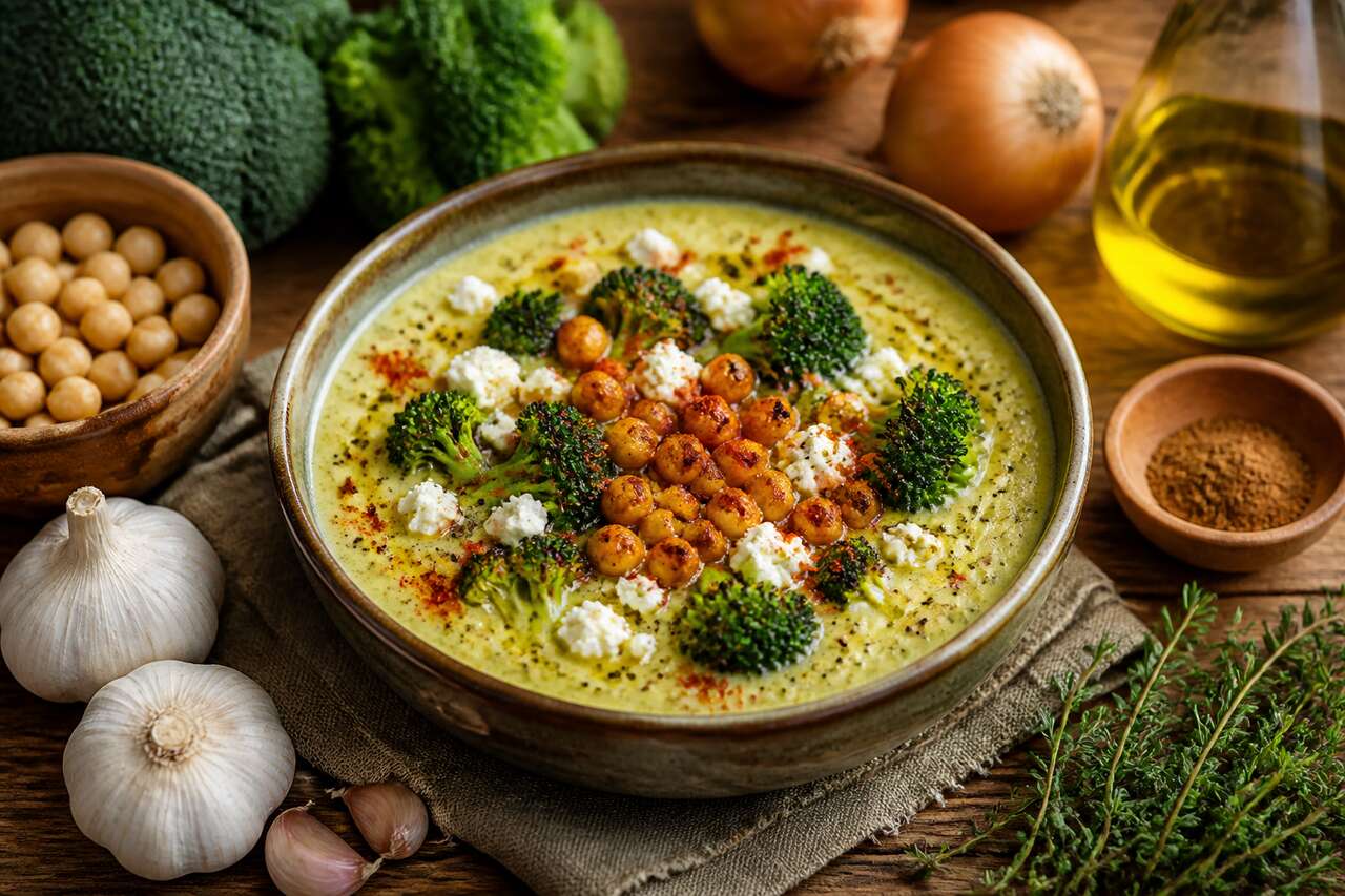 Velouté brocolis pois chiches au fromage de chèvre : recette crémeuse