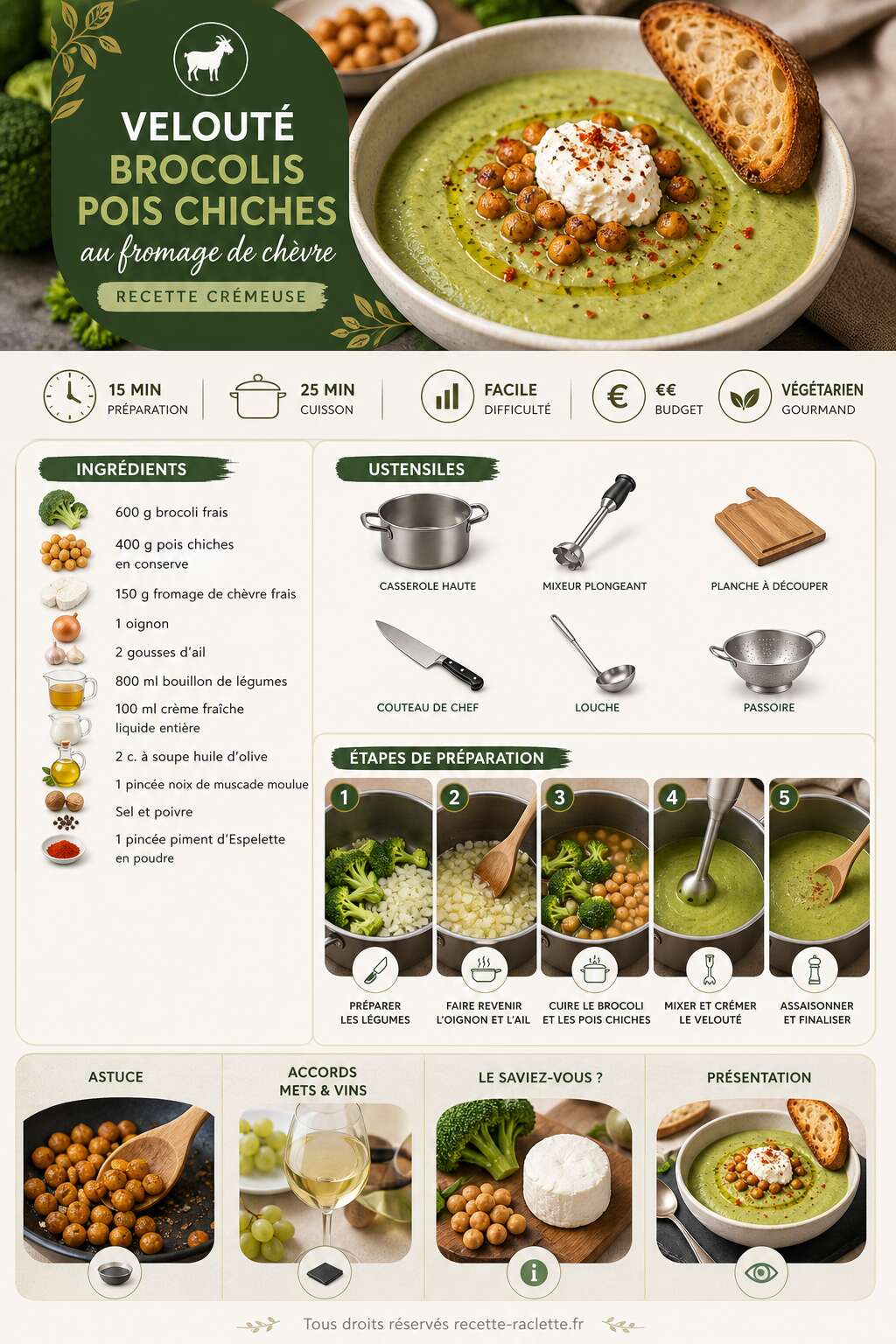Fiche recette Velout&eacute; brocolis pois chiches au fromage de ch&egrave;vre : recette cr&eacute;meuse
