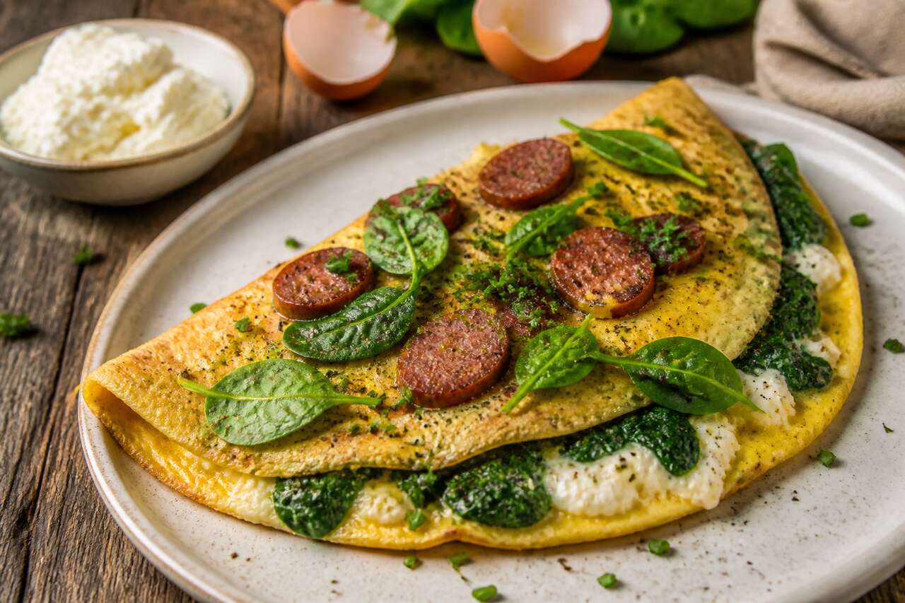 Omelette au fromage frais, épinards et saucisse fumée : recette gourmande