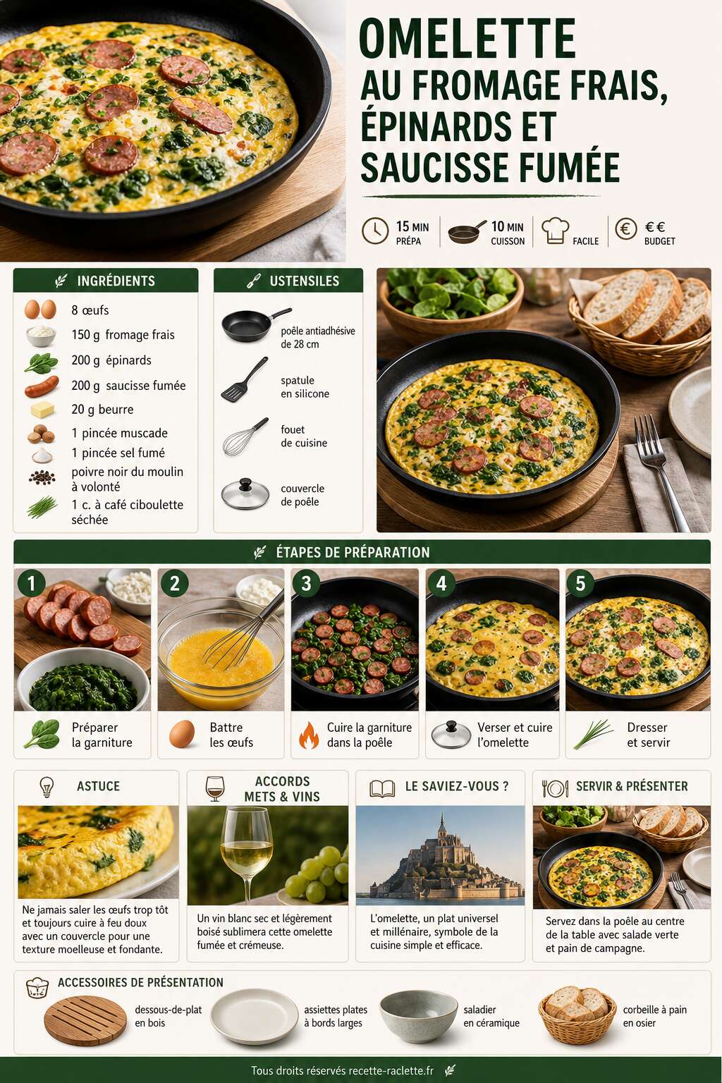 Fiche recette Omelette au fromage frais, épinards et saucisse fumée : recette gourmande Fiche recette Omelette au fromage frais, épinards et saucisse fumée : recette gourmande
