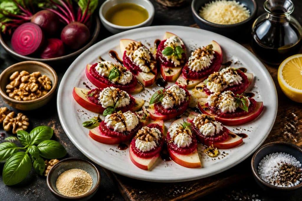 Quartiers de pommes au pesto de betterave et fromage aux noix : une recette savoureuse