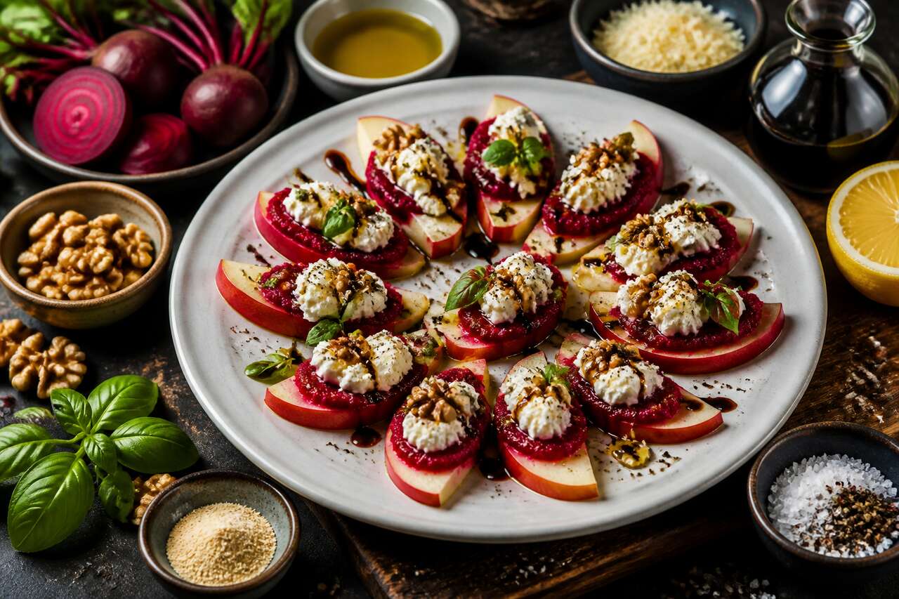 Quartiers de pommes au pesto de betterave et fromage aux noix : une recette savoureuse