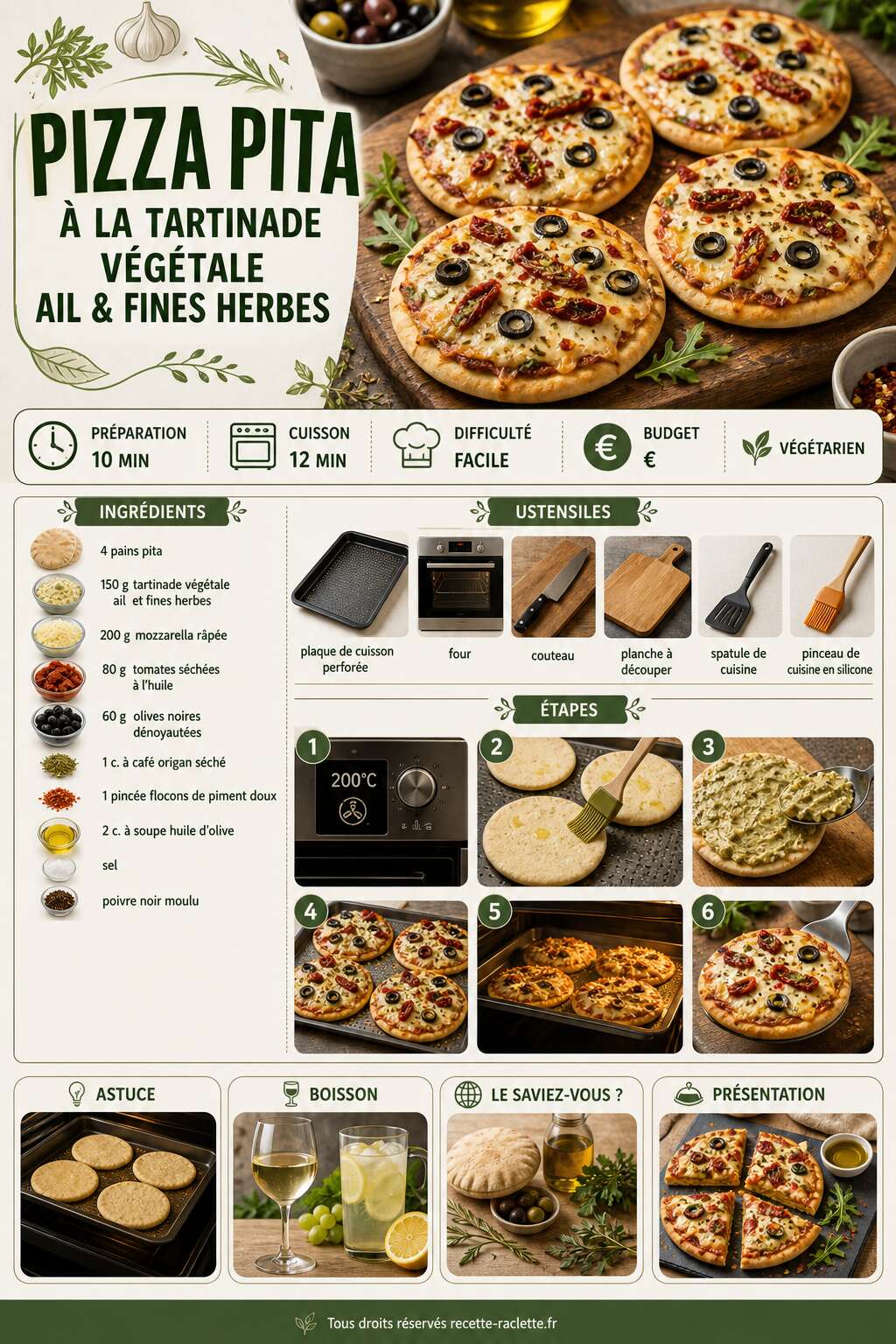 Fiche recette Recette pizza pita à la tartinade végétale ail & fines herbes Fiche recette Recette pizza pita à la tartinade végétale ail & fines herbes