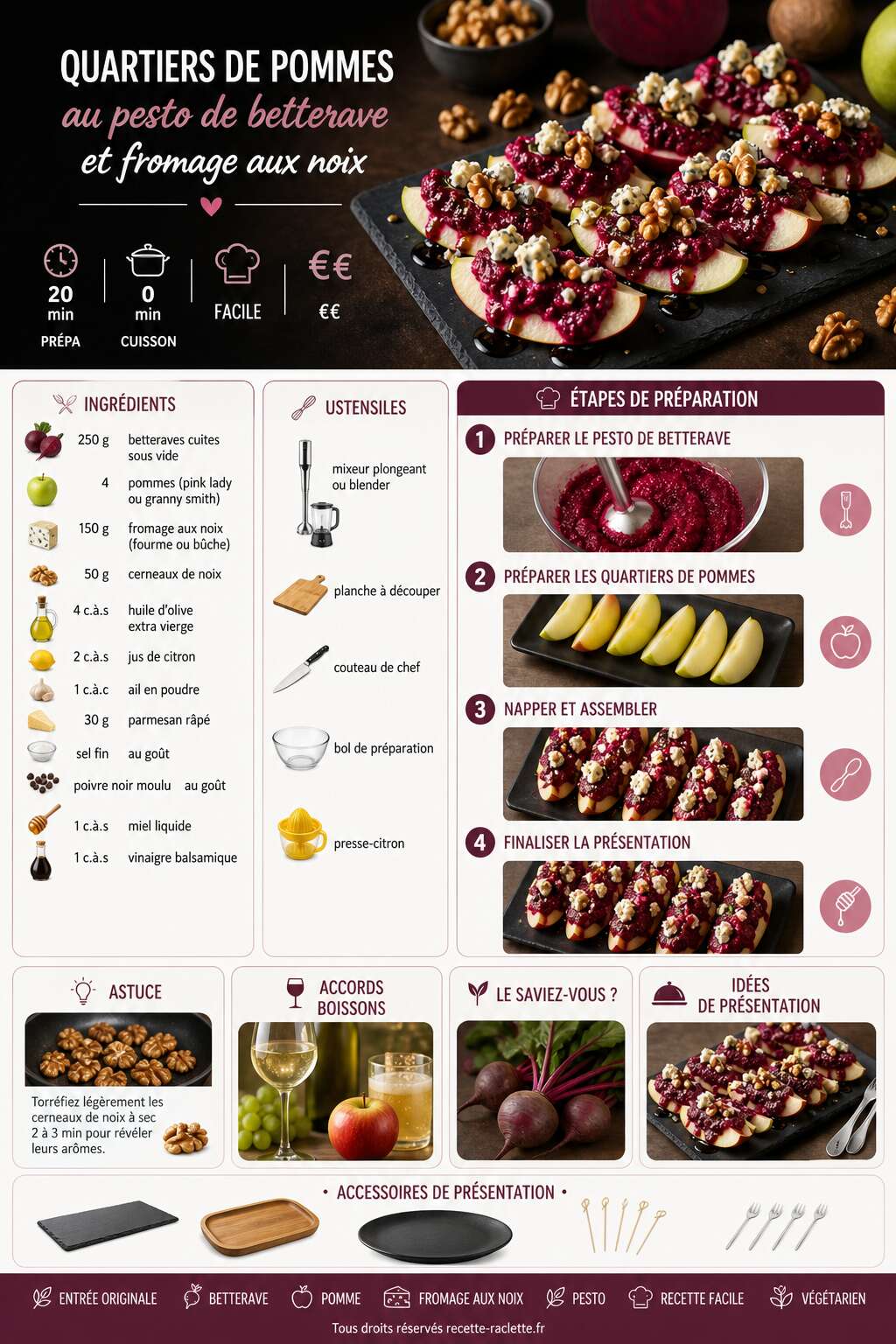 Fiche recette Quartiers de pommes au pesto de betterave et fromage aux noix : une recette savoureuse Fiche recette Quartiers de pommes au pesto de betterave et fromage aux noix : une recette savoureuse