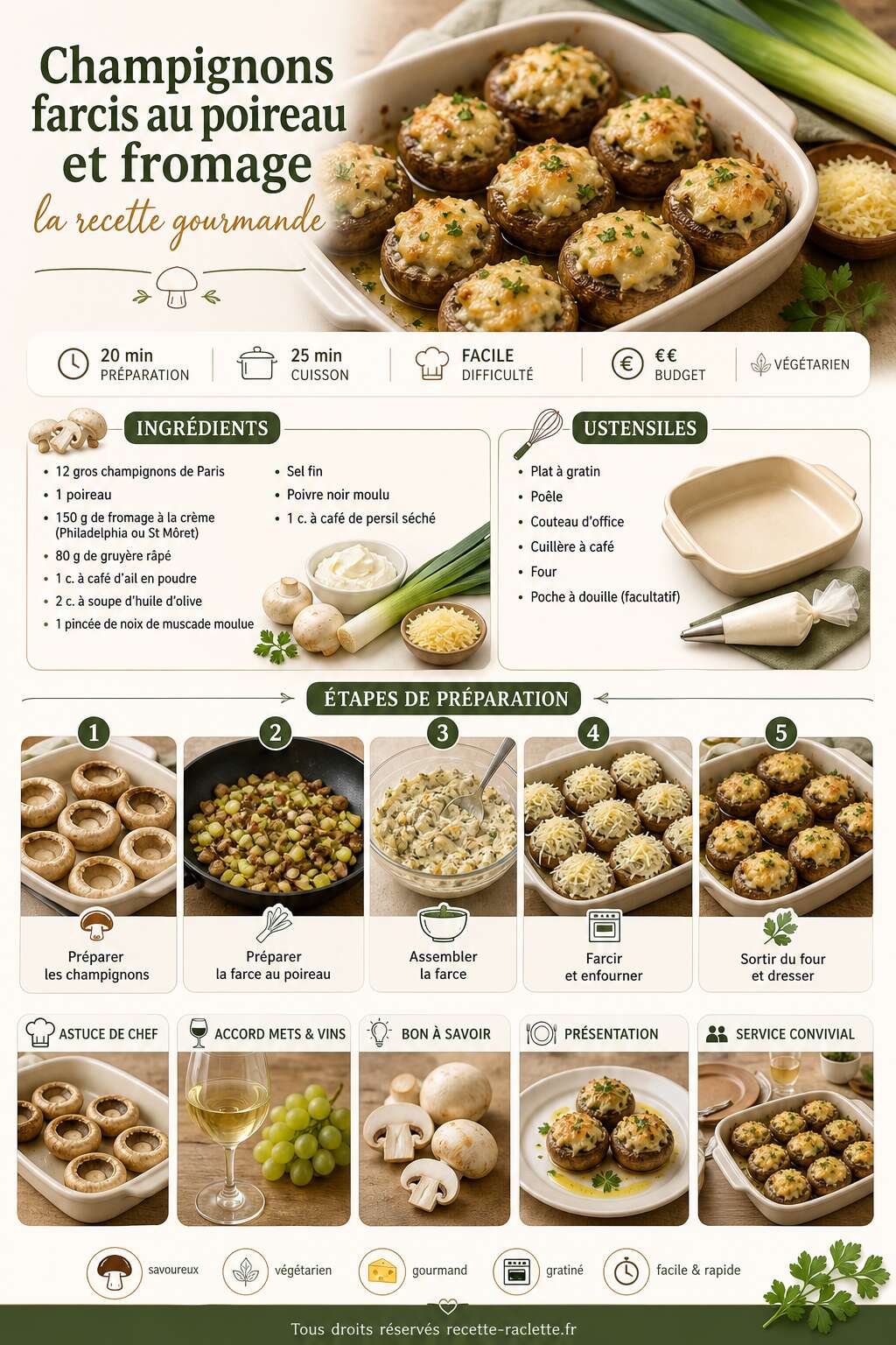 Fiche recette Champignons farcis au poireau et fromage : la recette gourmande