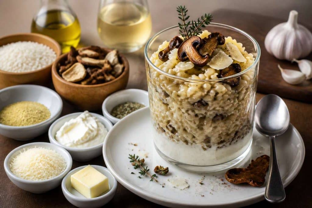 Verrine de risotto aux champignons et fromage : recette gourmande