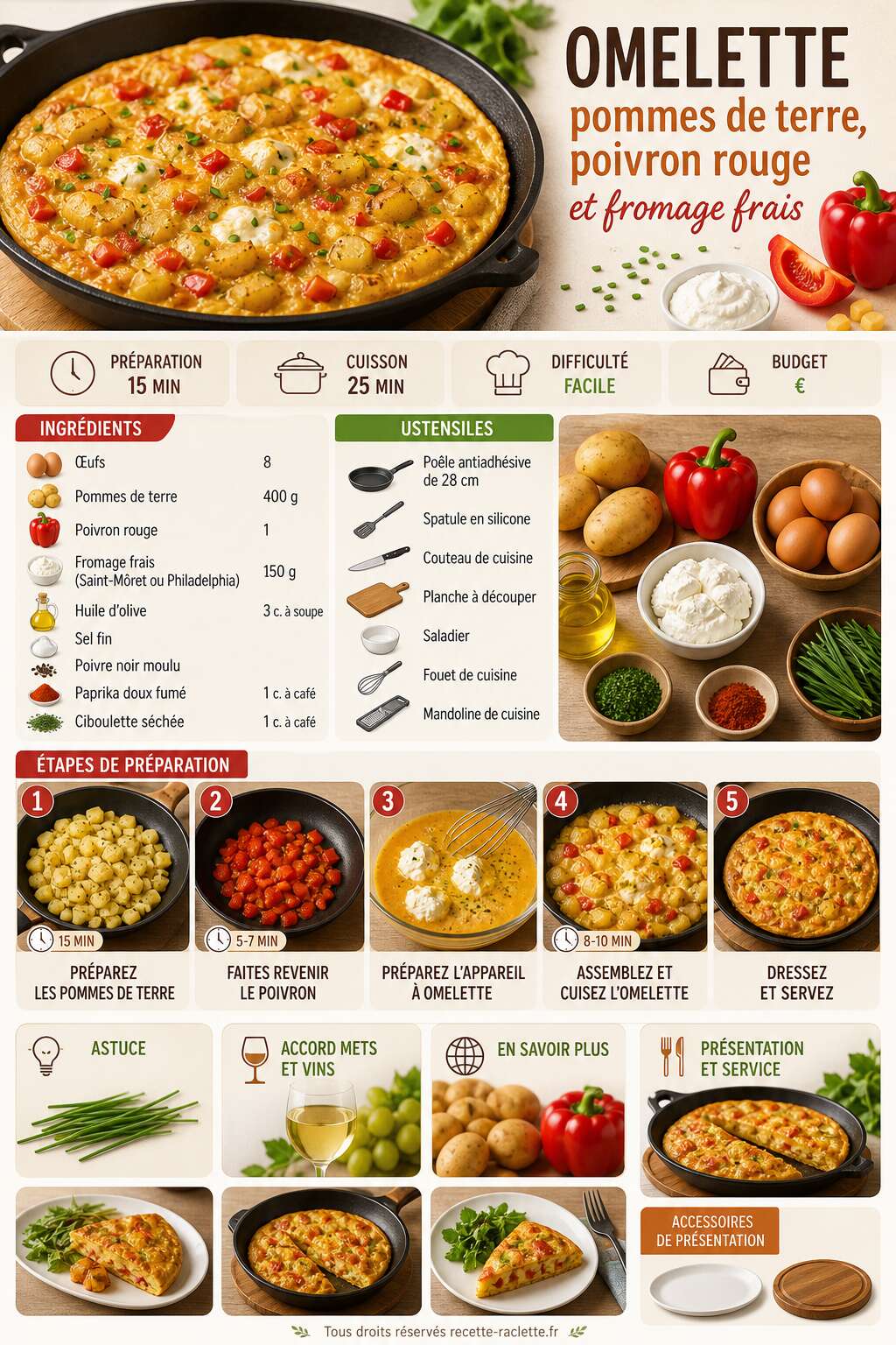 Fiche recette Omelette pommes de terre, poivron rouge et fromage frais : recette savoureuse