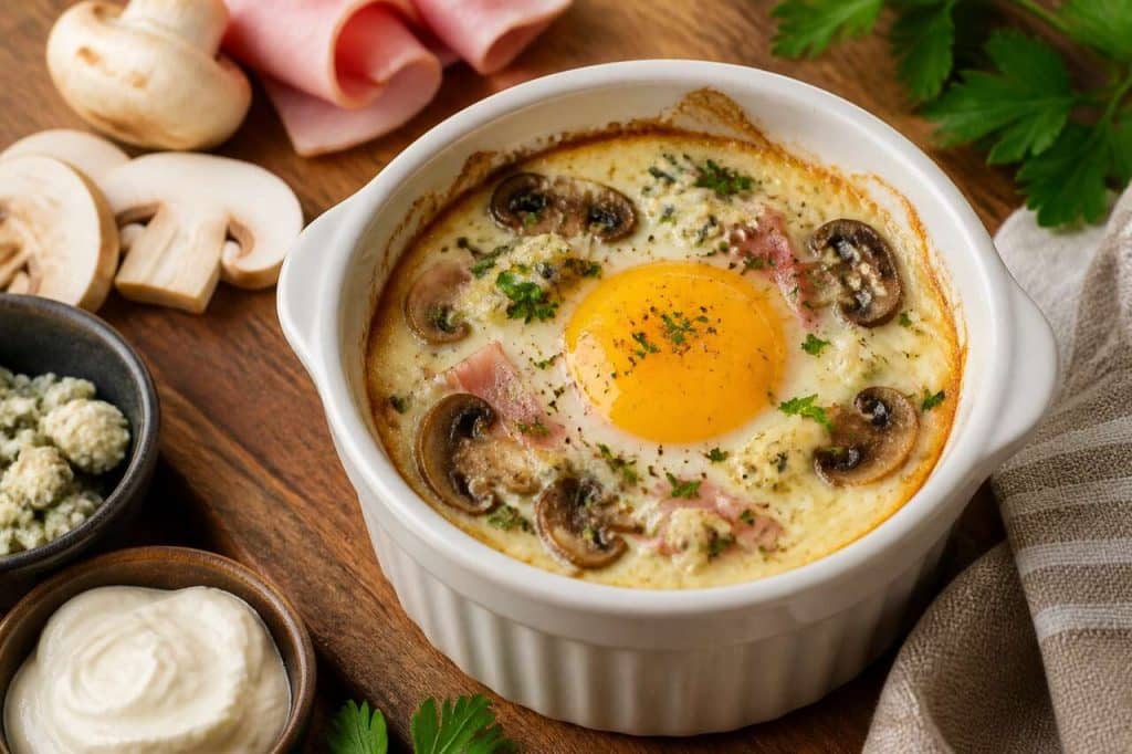 Oeufs cocotte au jambon, champignons et bleu : recette savoureuse