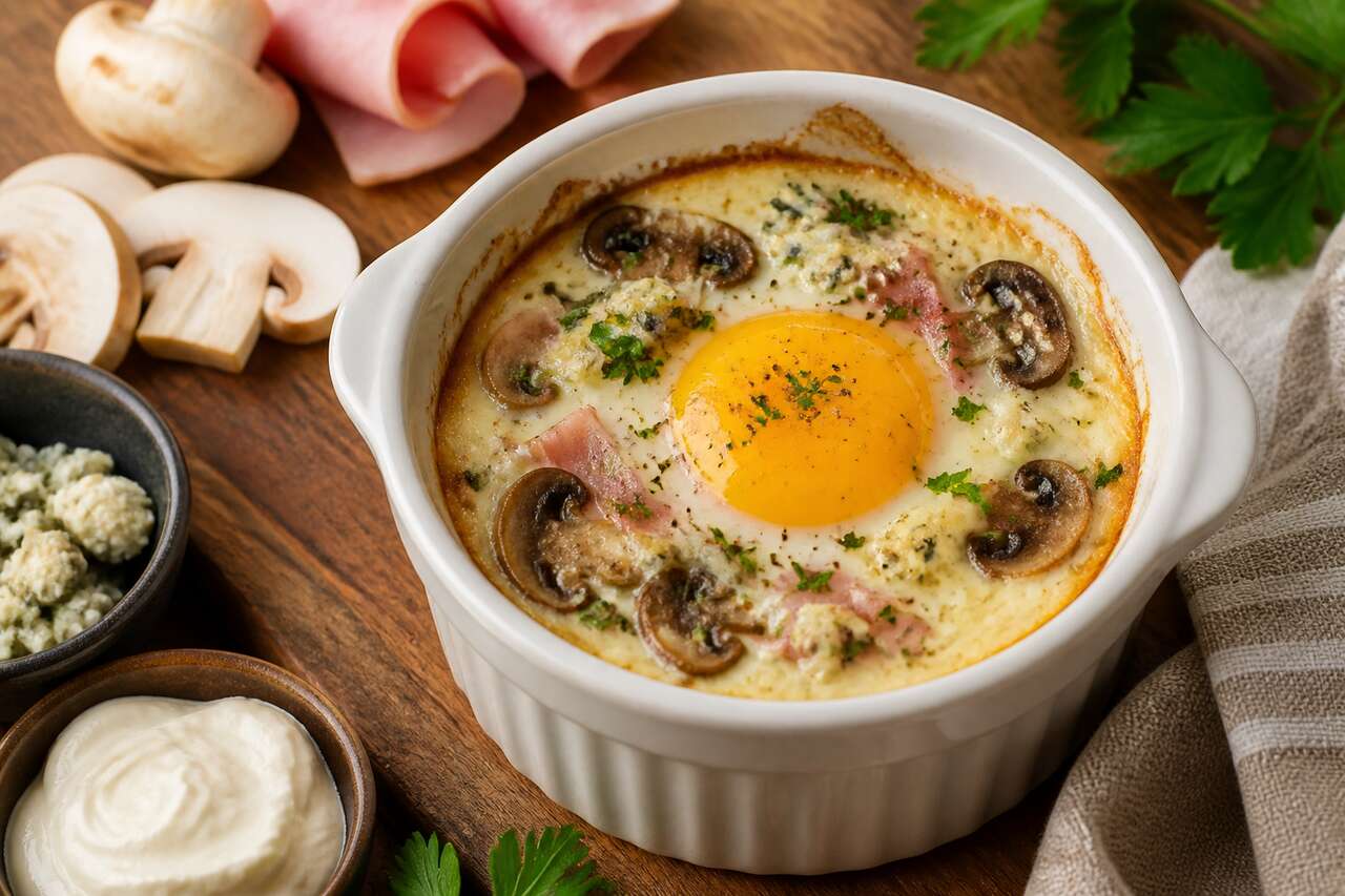 Oeufs cocotte au jambon, champignons et bleu : recette savoureuse