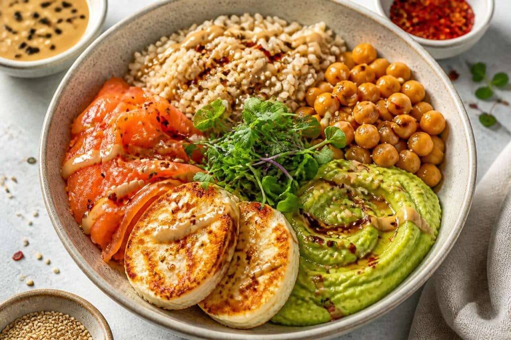 Buddha bowl au fromage et saumon : recette savoureuse