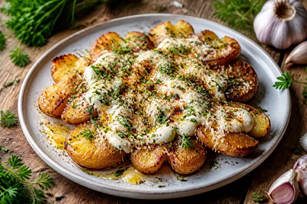 Pommes grenaille rĂ´ties : recette sauce fromage, ail et fines herbes