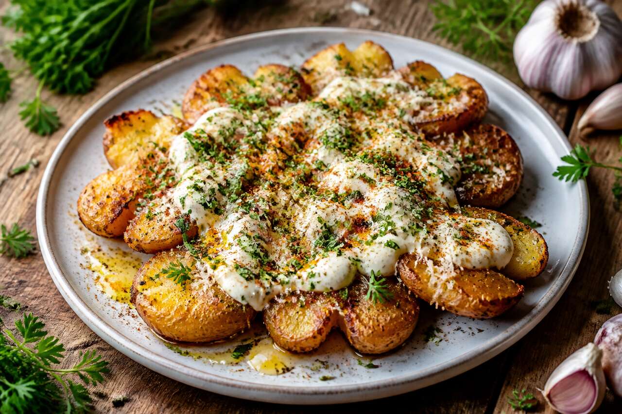 Pommes grenaille rôties : recette sauce fromage, ail et fines herbes