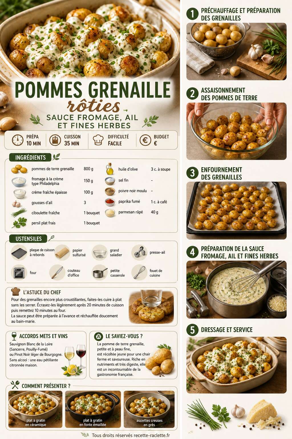 Fiche recette Pommes grenaille rôties : recette sauce fromage, ail et fines herbes Fiche recette Pommes grenaille rôties : recette sauce fromage, ail et fines herbes