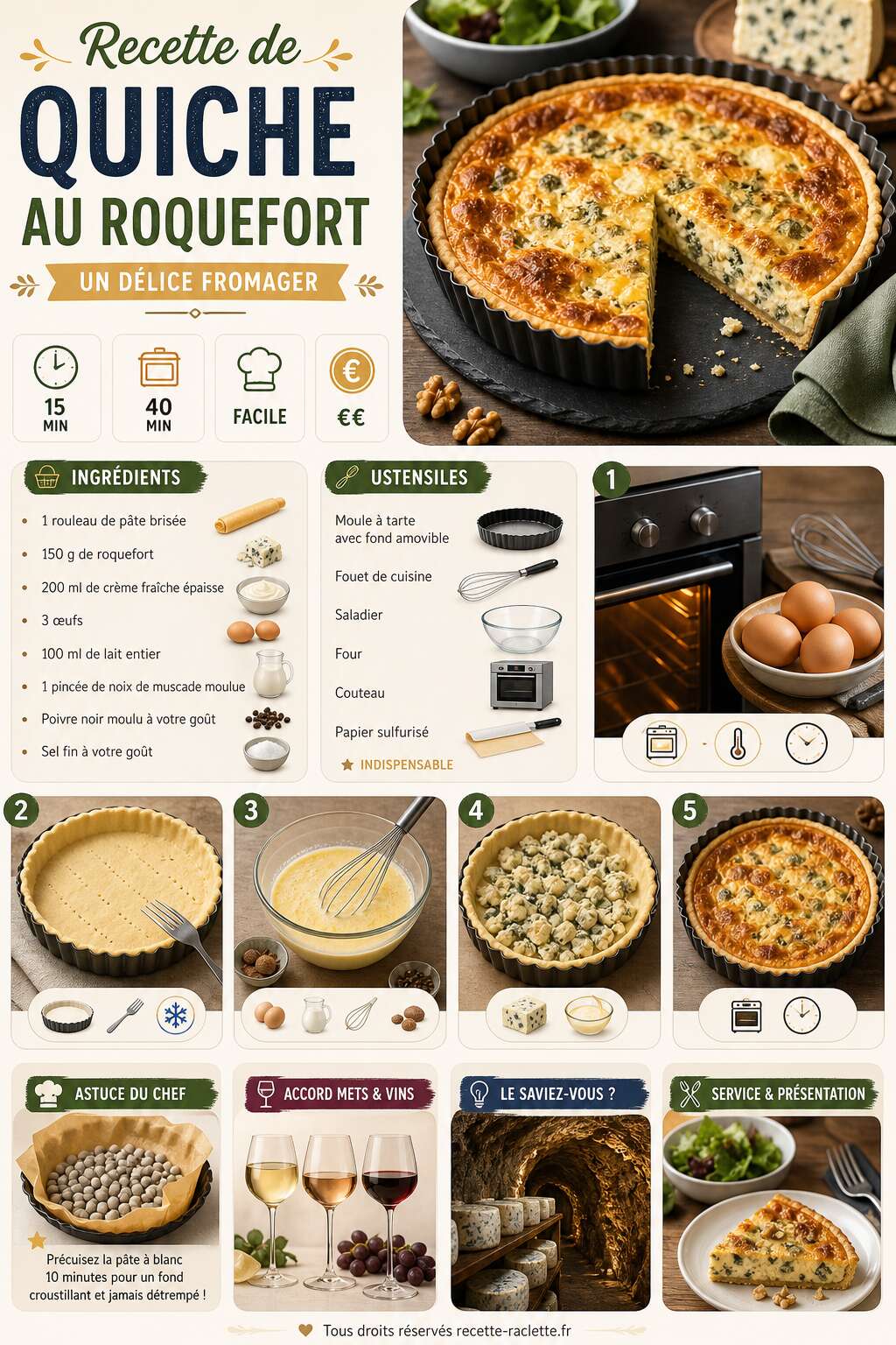 Fiche recette Recette de quiche au Roquefort : un délice fromager Fiche recette Recette de quiche au Roquefort : un délice fromager