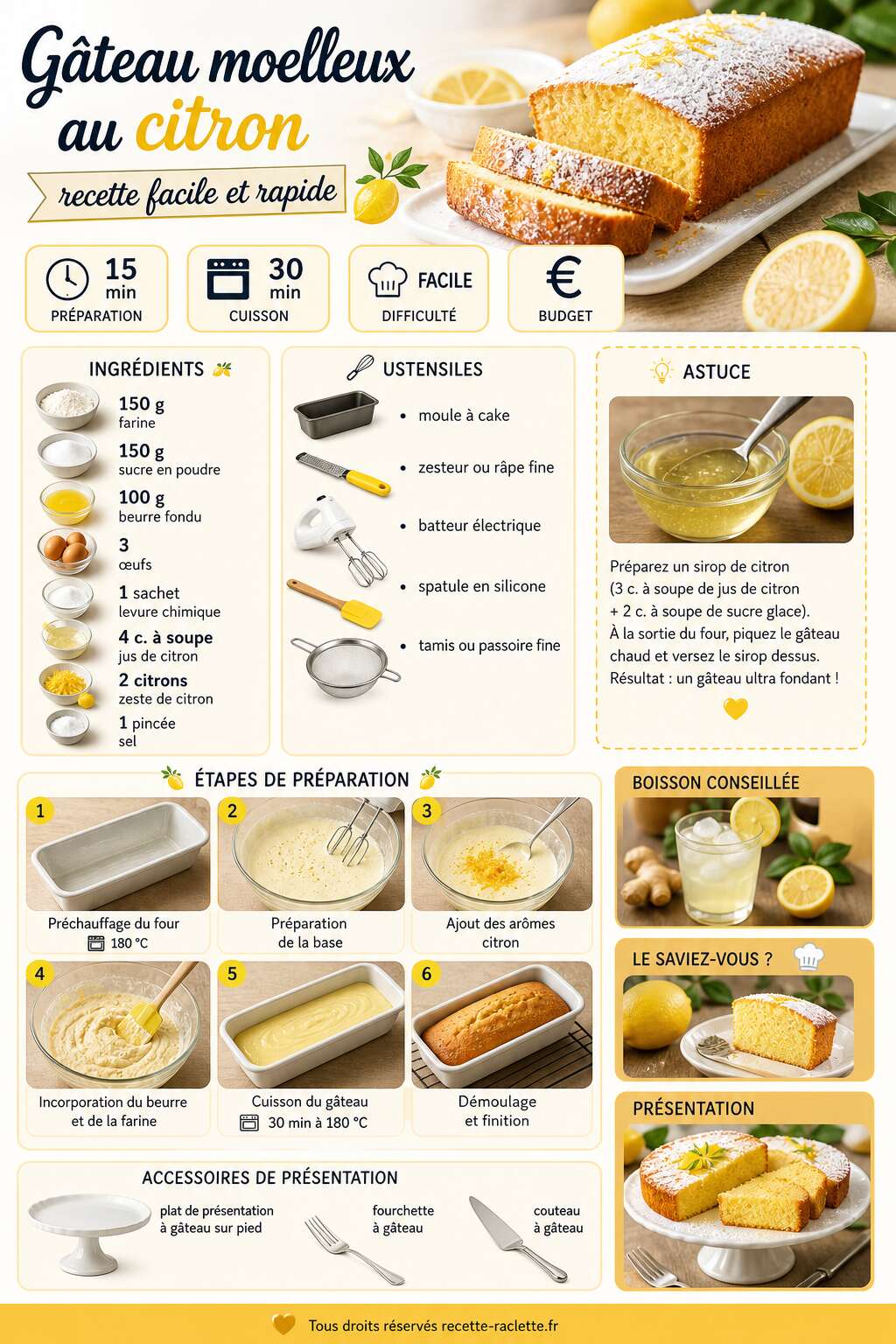 Fiche recette G&acirc;teau moelleux au citron : recette facile et rapide
