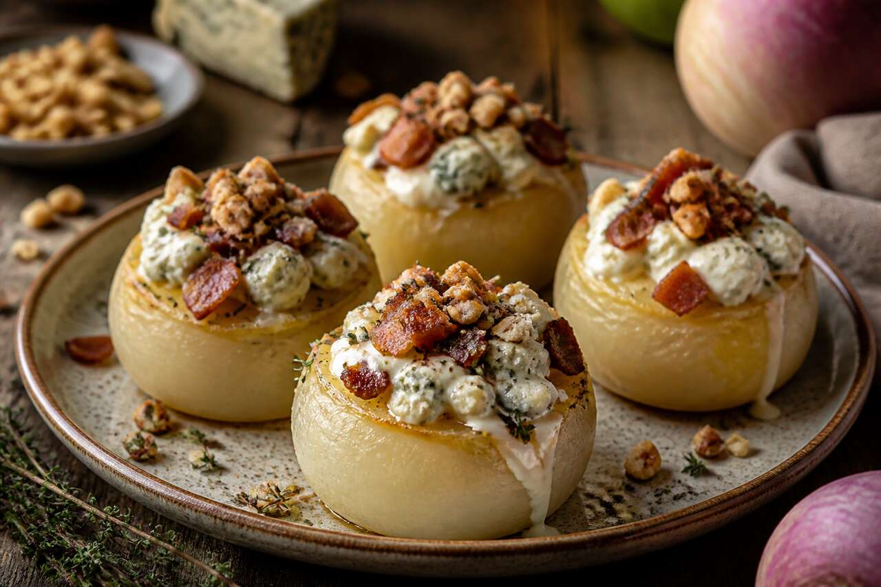 Navets farcis au bleu, lardons et noix : recette gourmande
