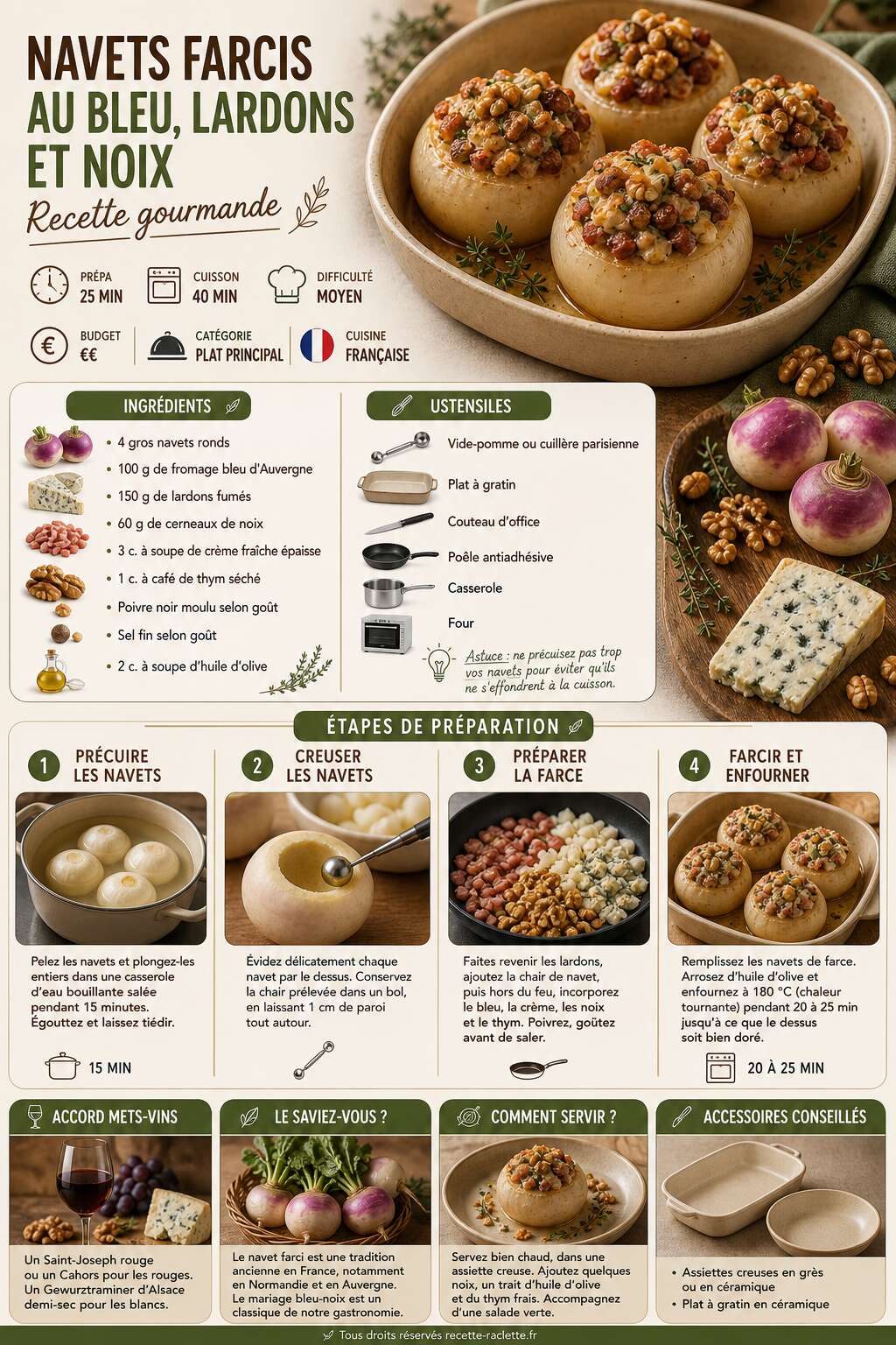 Fiche recette Navets farcis au bleu, lardons et noix : recette gourmande Fiche recette Navets farcis au bleu, lardons et noix : recette gourmande