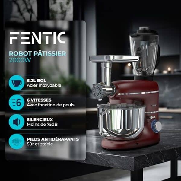 Découvrez notre test détaillé du robot pâtissier Fentic 6 en 1 avec ses 2000W de puissance et ses accessoires complets pour vos préparations culinaires.