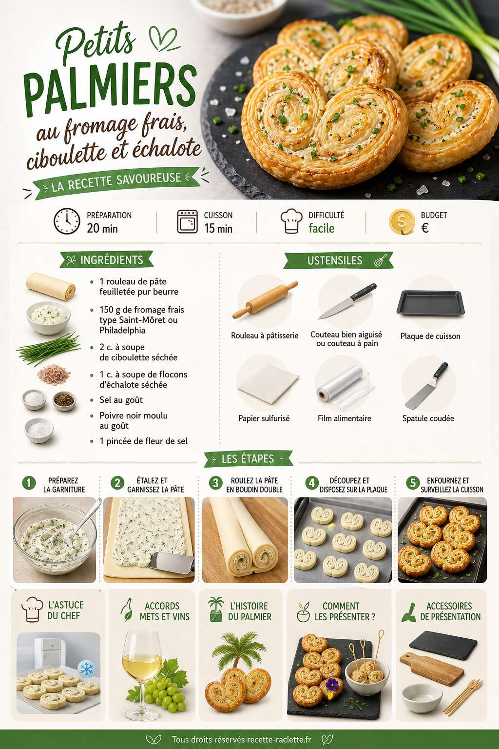 Fiche recette Petits palmiers au fromage frais, ciboulette et échalote : la recette savoureuse Fiche recette Petits palmiers au fromage frais, ciboulette et échalote : la recette savoureuse