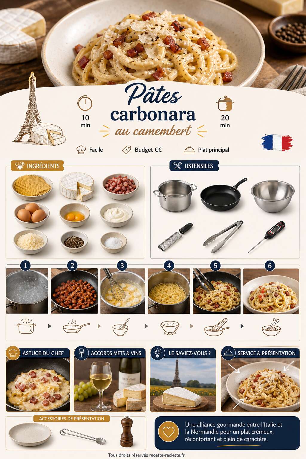 Fiche recette Pâtes carbonara au camembert : découvrez la recette savoureuse Fiche recette Pâtes carbonara au camembert : découvrez la recette savoureuse