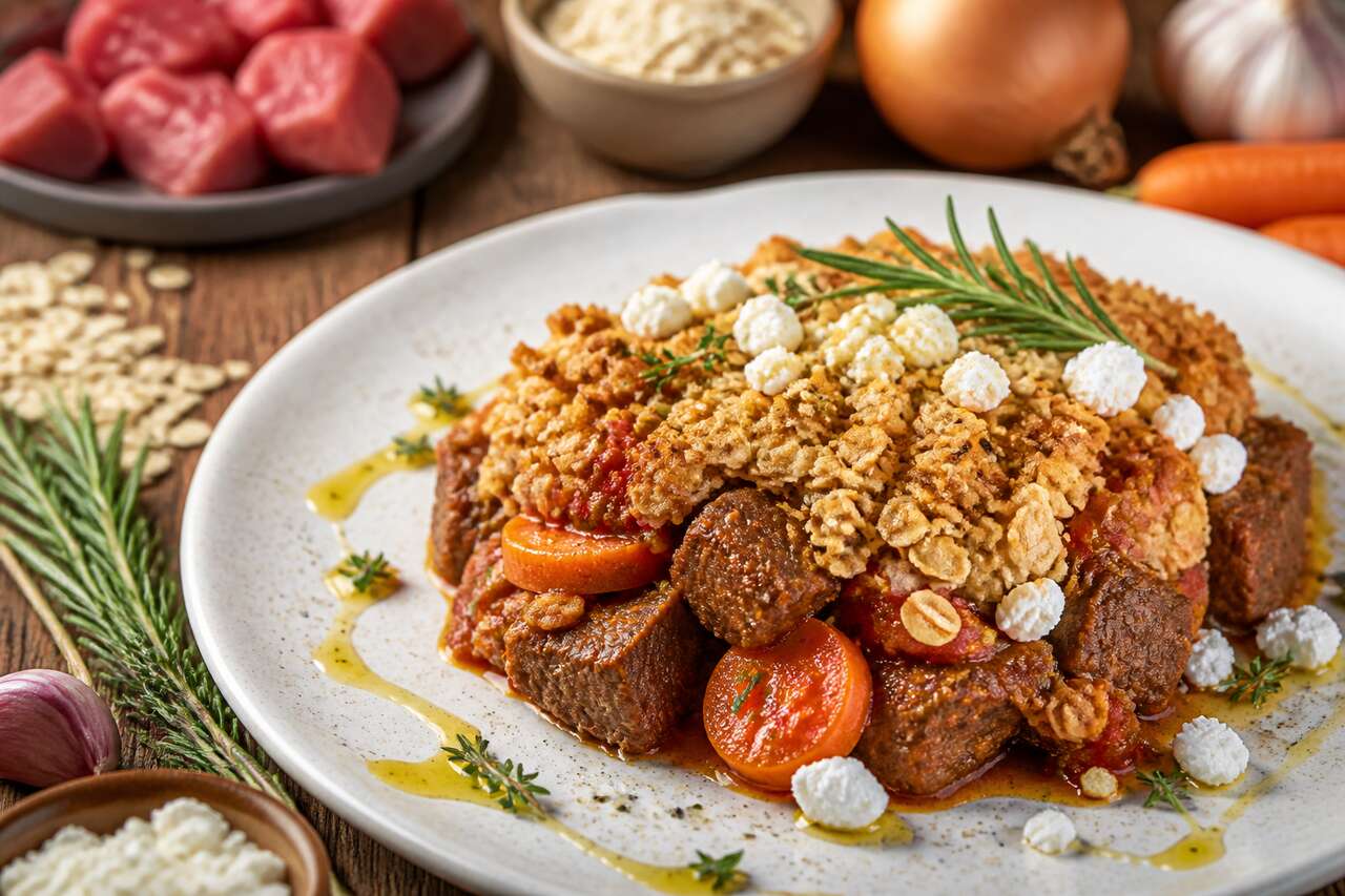 Crumble d'agneau à l'avoine et fromage de chèvre frais : recette gourmande